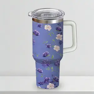30 oz Royal Violet Peony Insulated Tumbler, Deep Periwinkle Travel Mug with Vintage Floral Print, Comfort Handle & Straw, Coquette Aesthetic Water Bottle, Romantic Gift for Her, 48H Iced