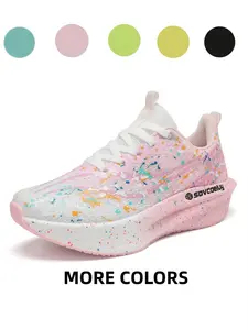 Parent-child Fluorescent Green Trendy Running Shoes Ink Splash Design Non-slip Wear-resistant All-match For Daily Commute & Family Outing
