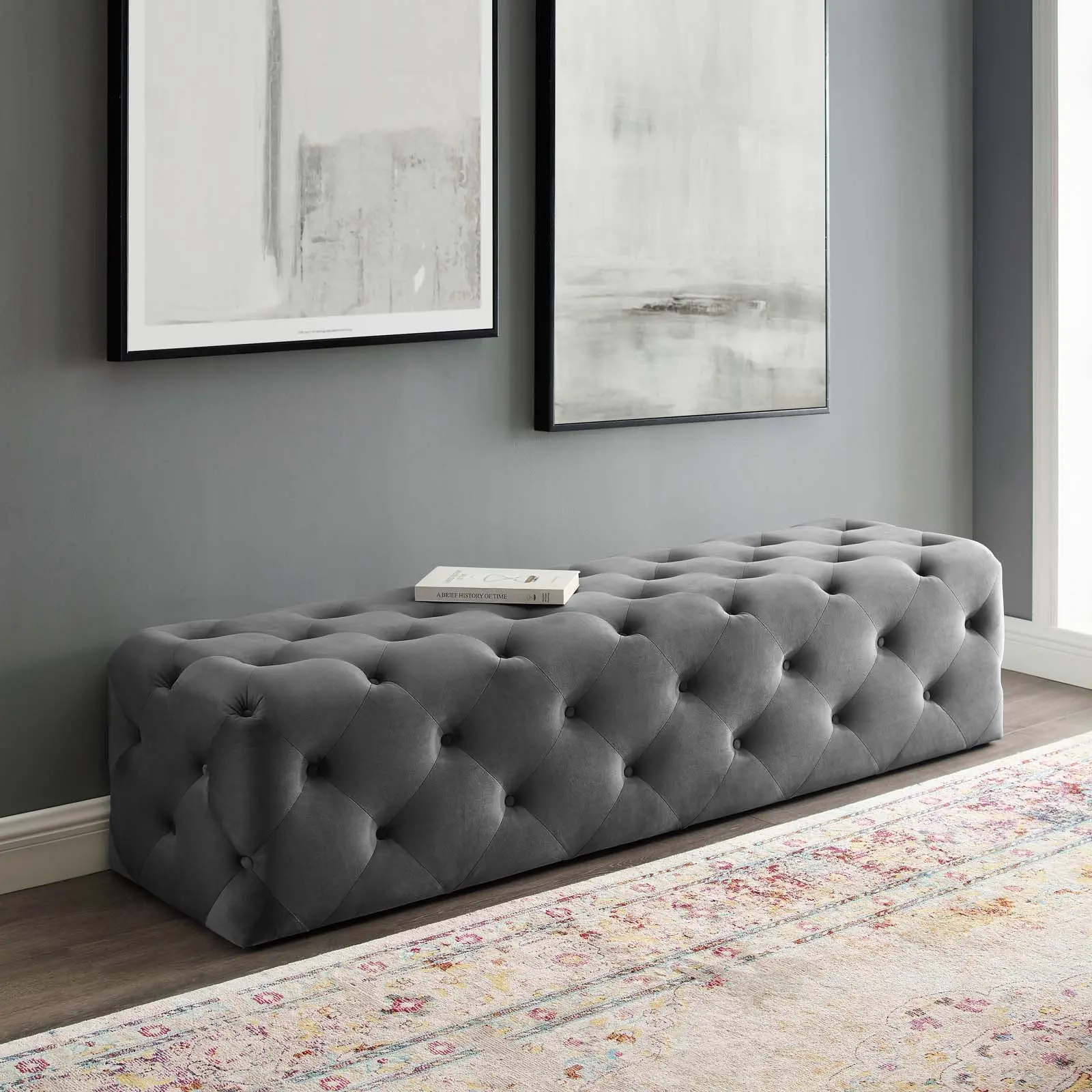 Modway Amour 72" Tufted Button Performance Velvet Bench with Foam, Gray Indoor Living Room Furniture for Entryway