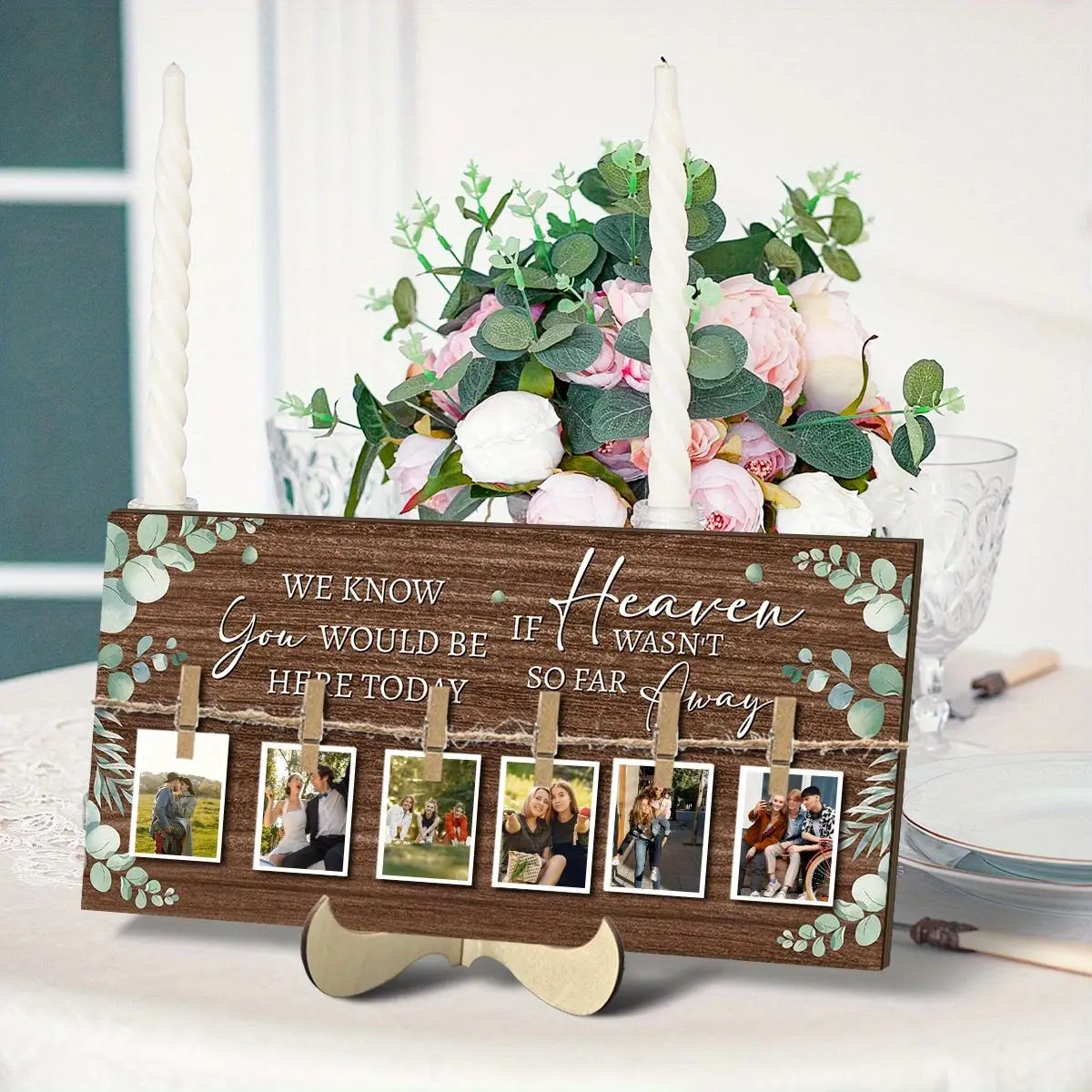 Wooden Photo Frame, 1 Count Wedding Sign with 6 Counts Clips, Memory Table Sign, Wooden Memorial Picture Hanging Board, Family Decor Photo Display Sign
