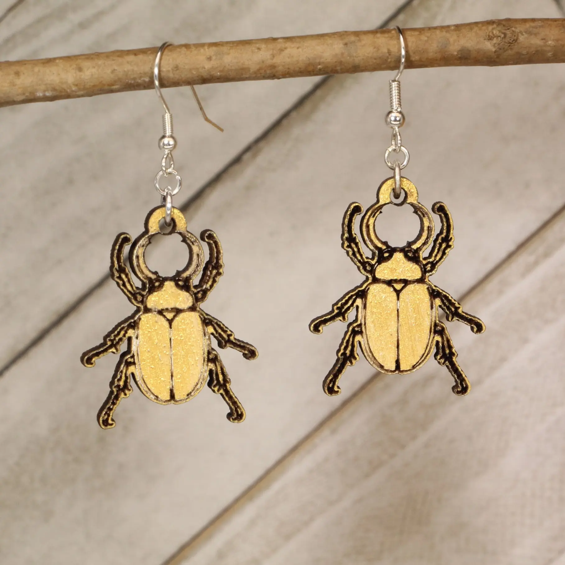 Scarab Beetle Wooden Dangle Earrings | Nature Insect Jewelry
