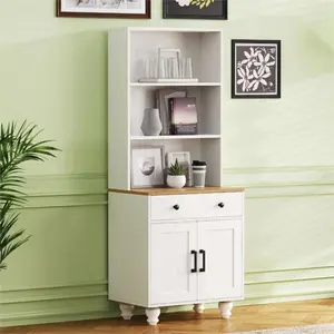 Farmhouse 5-Tier Pantry & Bookshelf Cabinet with Gourd Legs, Adjustable Shelves & Drawer, White