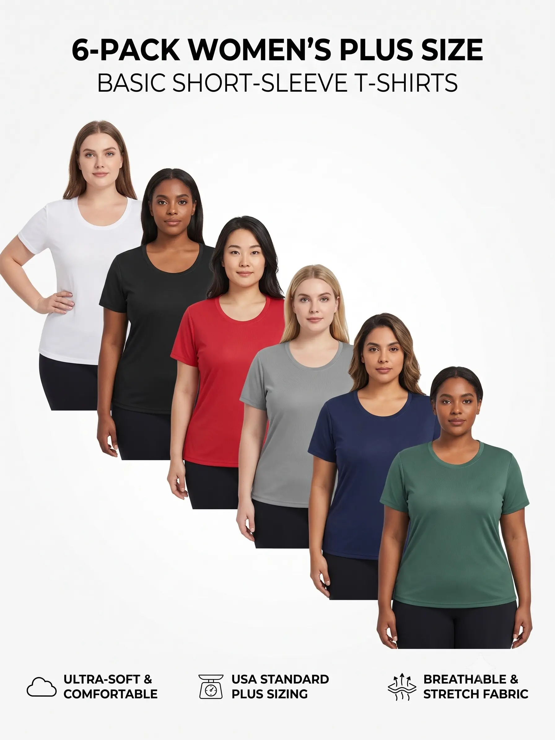 6-Pack Women's Plus Size T-Shirts Casual Short Sleeve Crewneck Basic Tees Solid Color Curvy Fit Lightweight Breathable Tops Summer Essentials
