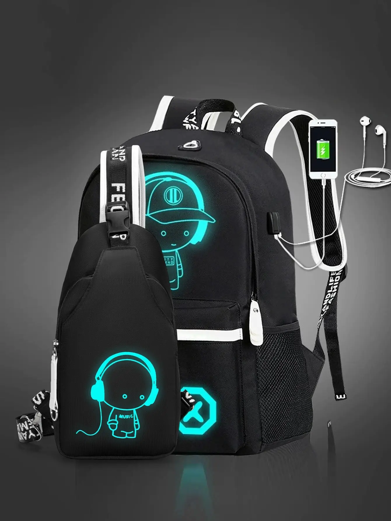 2pcs  Minimalist Oxford Fabric Bag Set - Casual Business Backpack, Chest Bag, Oversized Fluorescent Cartoon Print Multi-Functional Large Capacity School/Travel Essential with Water Bottle Holder