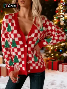 Women's Plaid Christmas Tree Pattern Button V Neck Sweater, Casual Long Sleeve Knitwear, Fall & Winter Fashion, Ladies Pullover