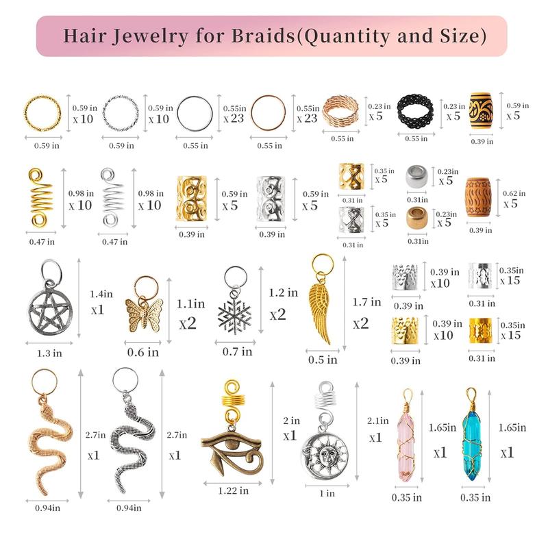 "200PCS Dreadlock Beads and Hair Jewelry Set – Gold & Silver Braiding Cuffs, Crystal Charms, Metal Coil Rings, Hair Clips & Loc Tubes for Braids, Twists, Dreads & Hair Decoration"