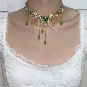 Handmade Butterfly Tassel Choker Necklace, Green Enamel & Pearl Layered Neck Chain, New Chinese Style Collar for Women, Perfect for Daily & Special Occasions
