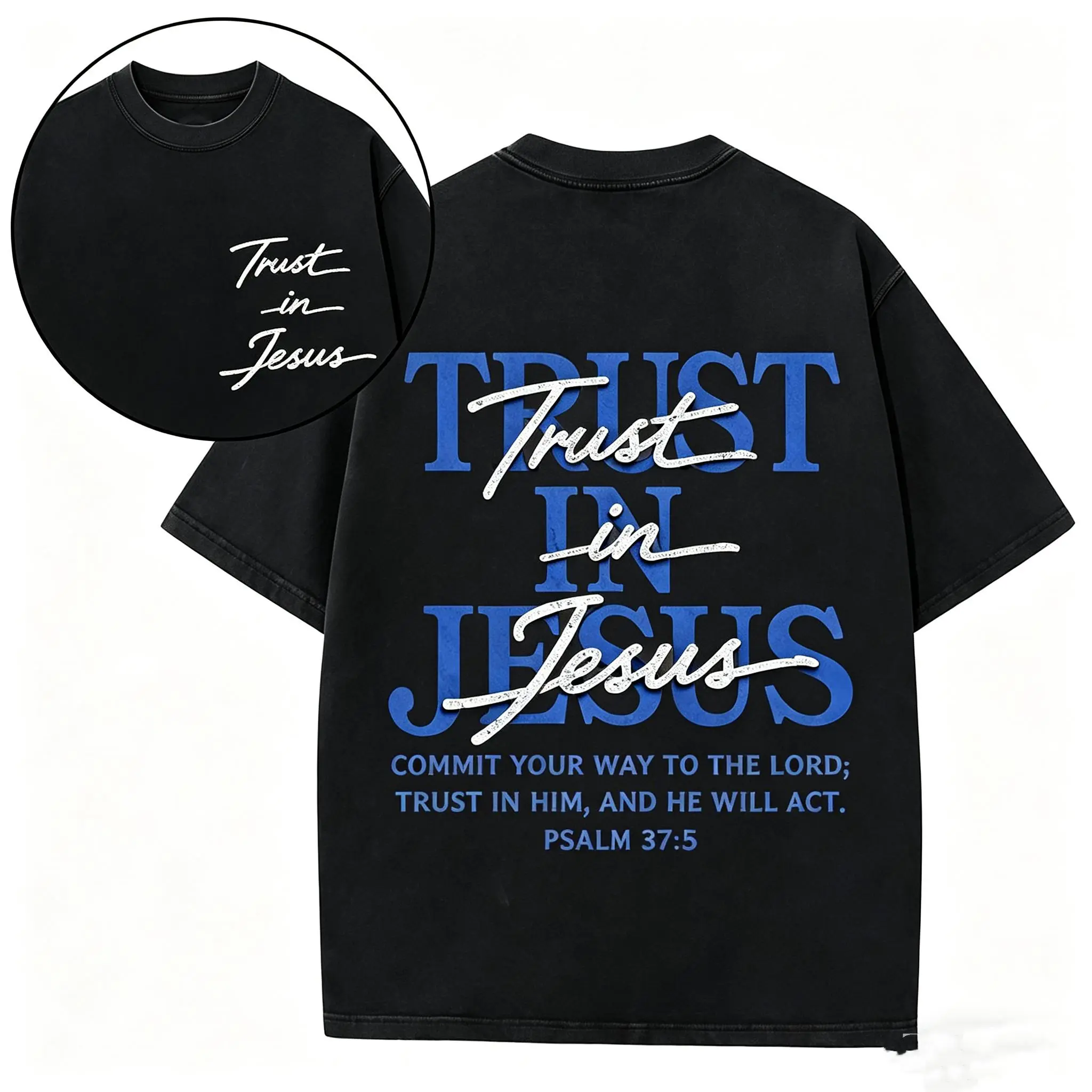 Trust In Jesus T-Shirt, Psalm 37:5 Bible Verse Graphic Tee, Brown Vintage Washed Oversized Casual Top, Christian Outfit