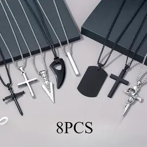 8PCS Men'S Necklace Set, Men'S Necklace Jewelry Set,Black and Silvery Stainless Steel Necklace,Cross Pendant Necklace