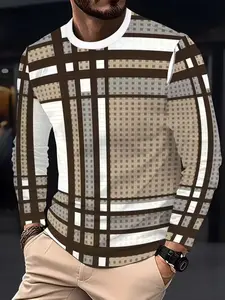 Men's 3D Striped Printed Long Sleeve T-Shirt, Comfortable Breathable Casual Top, Streetwear for Outdoor Daily Wear Apparel