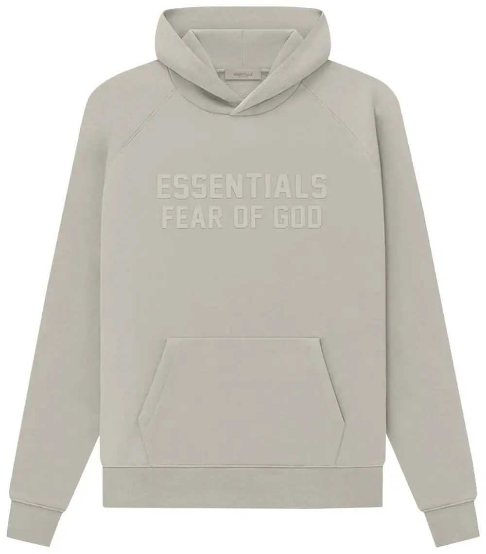 Fear of God Essentials Light Oatmeal Pullover Hoodie Tonal Logo Fleece Sweatshirt Unisex Relaxed Fit Streetwear Kangaroo Pocket