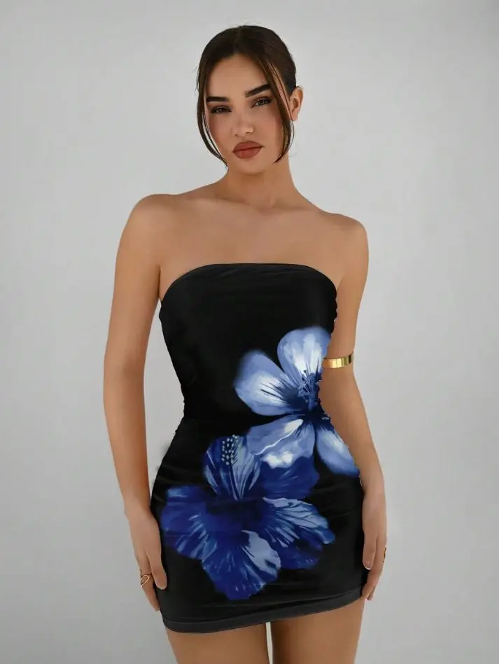 LURELLE Women's Black Floral Summer 70s Party Strapless Fitted Mini Graphic Dress,Blue Floral & Hawaiian Print Hibiscus Tube Dress For Club Outfits