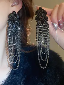 Rhinestone & Artificial Crystal Decorated Chain Tassel Earrings, Fashionable Jewelry for Party, Daily Clothing Decor, Trendy All-match & Exquisite Jewelry for Gift, High Quality Earrings