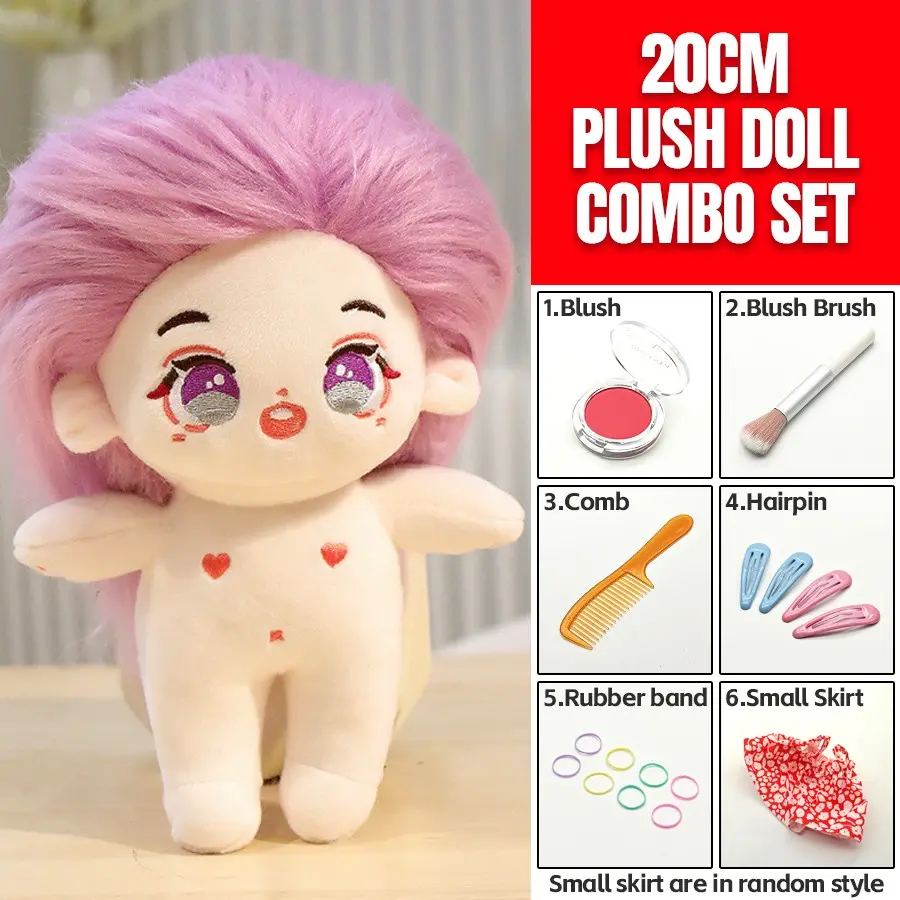 20cm Plush Cotton Doll DIY Set - Complete 7-Piece Set with Bare Doll, Blush Powder, Blush Brush, Comb, 2 Pairs Hair Clips, 8 Elastic Hair Ties & Cute Floral Dress - Kawaii Dress-Up Toy Gift for Girls, DIY Craft Enthusiasts & Doll Collectors