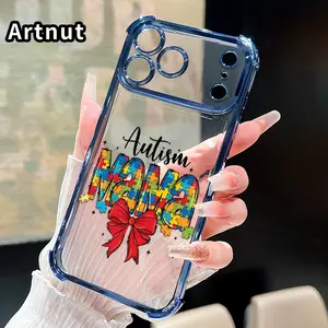 Autism Mama Bow Pattern Phone Case for iPhone 17 Pro Max 16 15 Plus Air 14 13 12 11 E Electroplated Cover with Airbag Shockproof Soft Silicone Casing