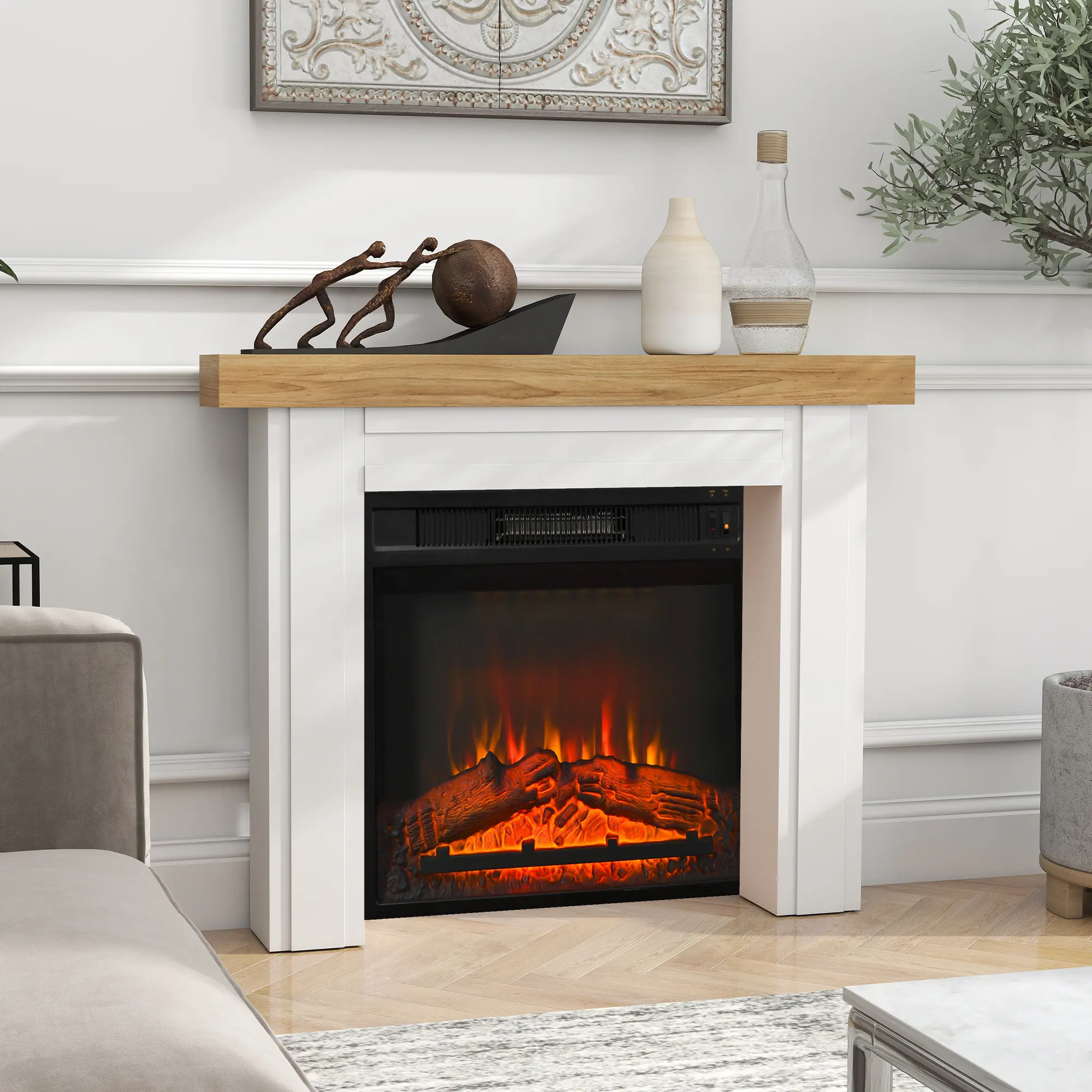 Natural Wood Modern Freestanding Fireplace Mantel Surround with Leg, 51.2" W x 40.6" H, Indoor Furniture TV Stand Compatible with Electric Fireplaces