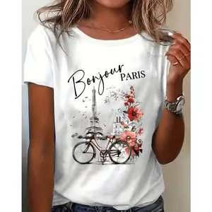 Bonjour Paris Cotton Crew Neck T-Shirt - Eiffel Tower Graphic, Retro Floral Bicycle Print, Breathable Fabric, Everyday Spring Summer Casual White Sports Top