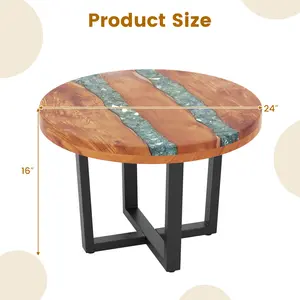 COSTWAY - 24 Inch Outdoor Solid Live Edge Round Teak Wood End Table with Epoxy Resin Tabletop