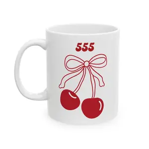555 Angel Number Printed Glossy Ceramic Coffee Mug - Reuse-Friendly, Washable, Coquette Bow Kawaii Drink Cup, 11oz/15oz White Kitchenware Drinkware