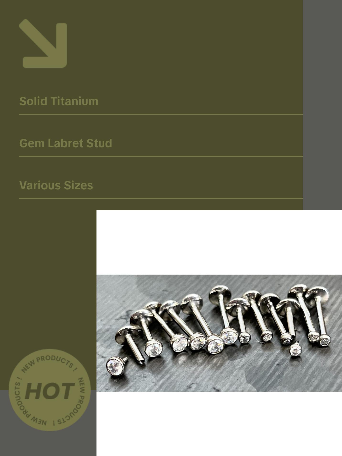 1 Piece of Internally Threaded Solid Titanium Bezel Gem Labret Stud Lip Ring - 16g or 18g - Gem Size: 2 or 3mm - Lengths - 6mm, 8mm or 10mm!