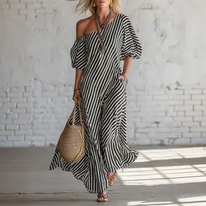 Vacation Dresses, Women's Summer Flutter Short Sleeve One Shoulder Loose Boho Flowy Midi Dress, Casual Fashion, Chic Comfortable Fit