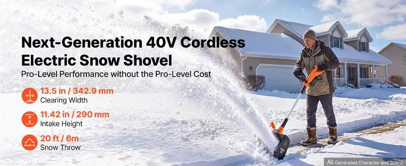 VEVOR Electric Snow Shovel 40V 13.5" Battery-Powered Cordless Snow Blower, for Driveway Patio Deck, Includes 2 x 4Ah Batteries & Charger, 20 ft Throw Distance, 60&deg; Chute, LED Light, Adjustable Handle,toolupgrade