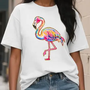 Summer Flamingo T-Shirt — Collegiate-Style Beach Print Tee, Cute Neon Flamingo Top, Loose-Fit Tropical Summer Aesthetic Shirt