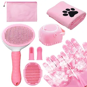 6-Piece Pet Grooming & Bathing Kit - Includes Slicker Brush, Shampoo Scrubber Gloves, and Drying Towel for Dogs & Cats, Reduces Shedding and Tangles