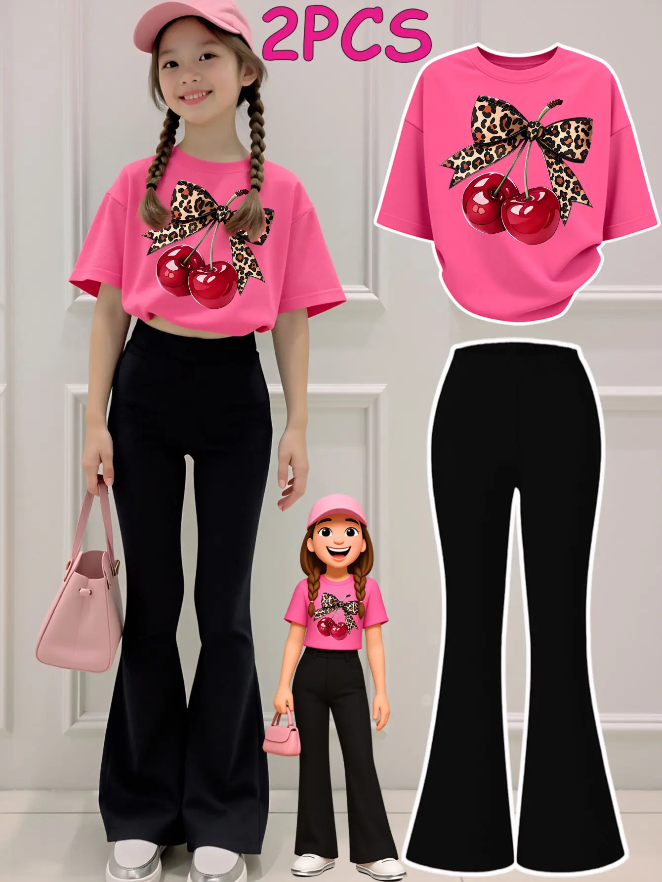 2PCS Valentine's Day Girls Clothes T-Shirt Bottom Pants Set  Cherry Leopard Bow Print Print Girl Clothes Short-Sleeved Round Neck T-Shirt Bell Bottom Pants Set Perfect For Outdoor  Kids Clothes, Fashion Style Sets, Fine Girls Outfit, Kids Clothing Girls
