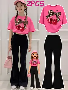 2PCS Valentine's Day Girls Clothes T-Shirt Bottom Pants Set  Cherry Leopard Bow Print Print Girl Clothes Short-Sleeved Round Neck T-Shirt Bell Bottom Pants Set Perfect For Outdoor  Kids Clothes