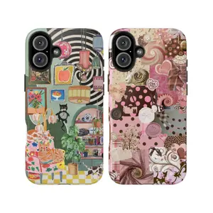 Aesthetic Collage Phone Case – Retro Art Room Design with Plants, Cat & Cozy Vibes + Pink Patchwork Collage Style with Hearts, Flowers – Fits for iPhone 7, 8, SE, X, XR, XS, 11, 12, 13, 14, 15, 16 & Samsung Galaxy S21–S25, Trendy Gift for Him & Her