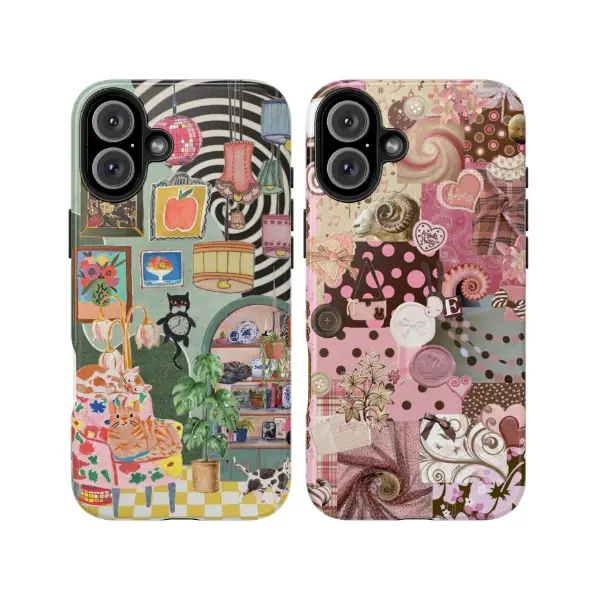 Aesthetic Retro Art Room Smartphone Shell - Shockproof Protective Case with Plants, Cat, Cozy Vibes, Pink Patchwork Hearts, Flowers - Wireless Installation for iPhone 7-16, Samsung Galaxy S21-S25, Trendy Teen Gift, Devices