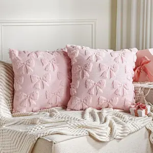 Coquette Room Decor Pink Bow Pillow Covers Set of 2 Soft Faux Fur 18 x 18 Inch Preppy Fluffy Plush Aesthetic for Bed Sofa Couch Fall Christmas Decor