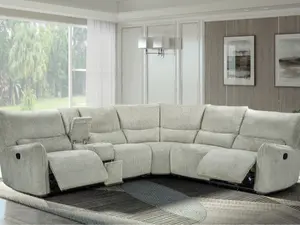 Remsen-Sect 3 pc Remsen grey and beige fabric sectional sofa set with recliner ends and cup console with storage