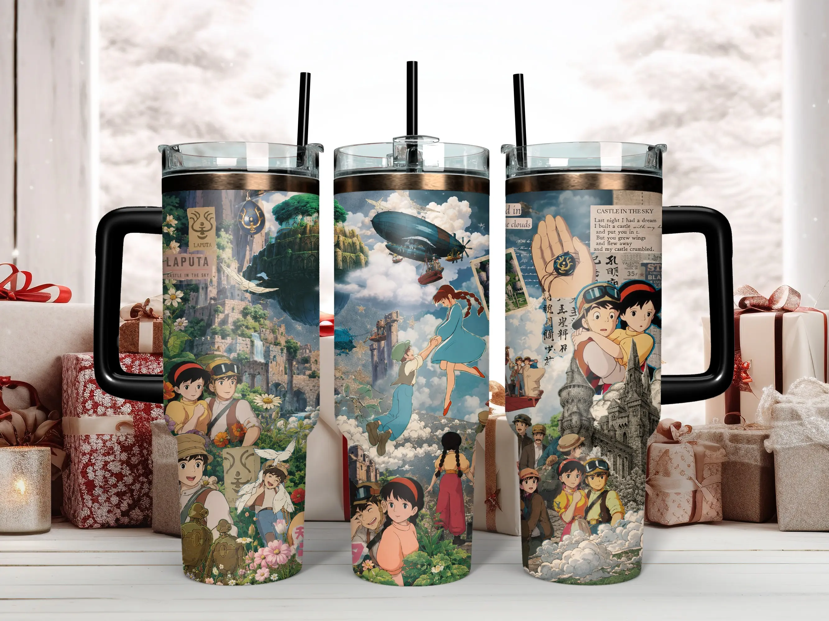 Studio Ghibli Laputa Castle in the Sky Vintage Scrapbook Aesthetic Travel Tumbler Mug - 40oz Stainless Steel Insulated Vacuum Double-Wall Flask, Portable Bottle with Comfort Handle, Reusable Straw, Cloud Art, Lid, Insulation