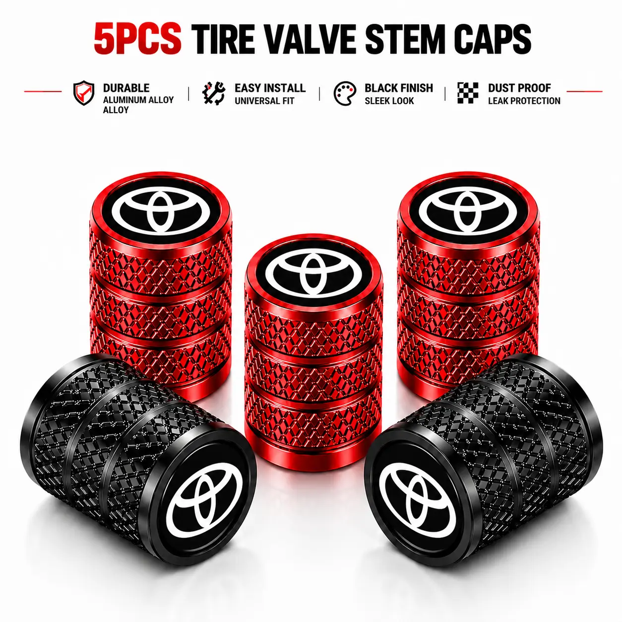 For Toyota Camry RAV4 Corolla Tacoma Highlander 4Runner Tundra 5 Pack Premium Heavy Duty Knurled Anodized Aluminum Tire Valve Stem Caps Corrosion Resistant Leak Proof Wheel Air Dust Covers Easy Screw On Fit Car Truck SUV Sedan Exterior Accessories