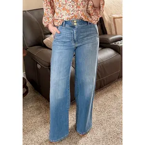 Judy Blue High Waist Trouser Column Jeans - 32" Regular Inseam 82696, Medium Wash, Stretchy Cotton Comfort Classy Casual Chic Womenswear Denim Bottom