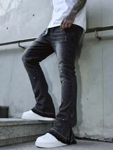 Four-season men's street style black and gray splatter white dot casual jeans, with elastic distressed whitened cuffs, zipper, personalized washed flared long pants. Suitable as a gift for boyfriend or husband.