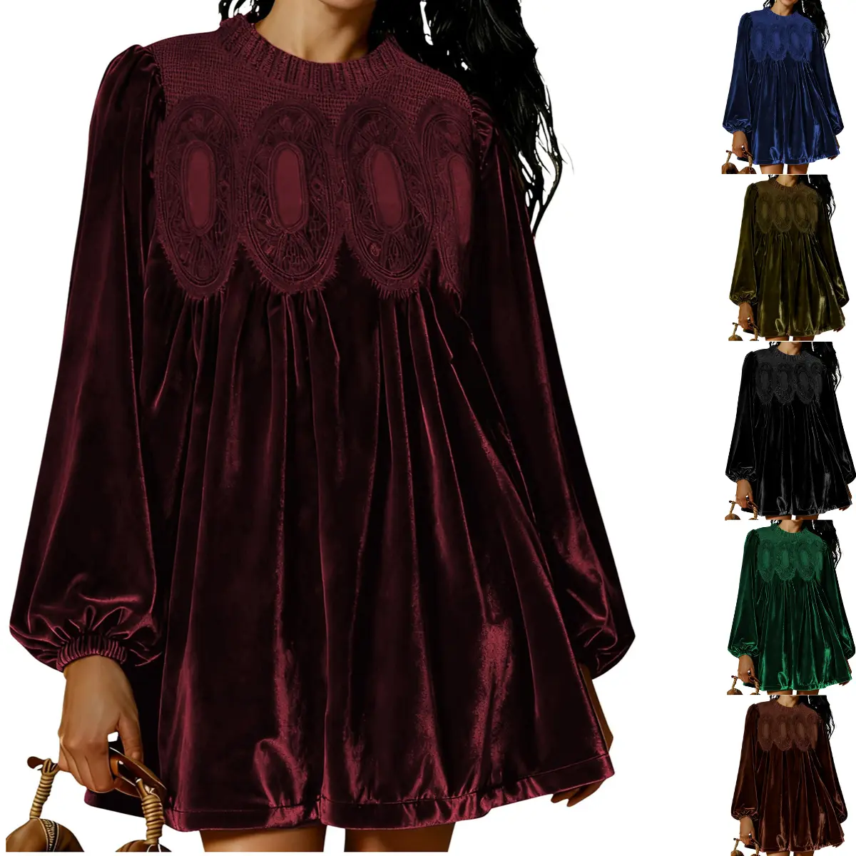 Yeokou Women's Basic Velvet Babydoll Dress - Long-Sleeve A-Line Flared Skirt, Lace Scallop Neck, Crew Neck Option for Thanksgiving Formal Wedding Guest, Going Out OOTD Inspo, Wedding Guest Dresses