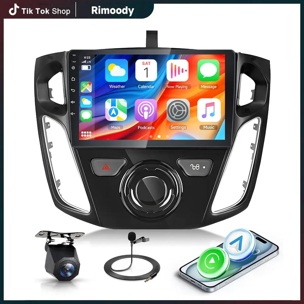 Rimoody 2G 64G Android Car Radio for Ford Focus 2012-2018 9'' In-Cell Touch Screen Car Stereo with Wireless CarPlay Android Auto GPS/Bluetooth 5.0/FM RDS/EQ/Wi-Fi/Mirror Link/AHD Backup Camera