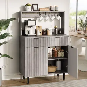 Garvee Fluted Sideboard Buffet Cabinet with Storage, Modern Coffee Bar Cabinet with Adjustable Shelves & 2 Drawers, Wood Buffet Console Table for Dining Room Living Room Kitchen Entryway, Grey