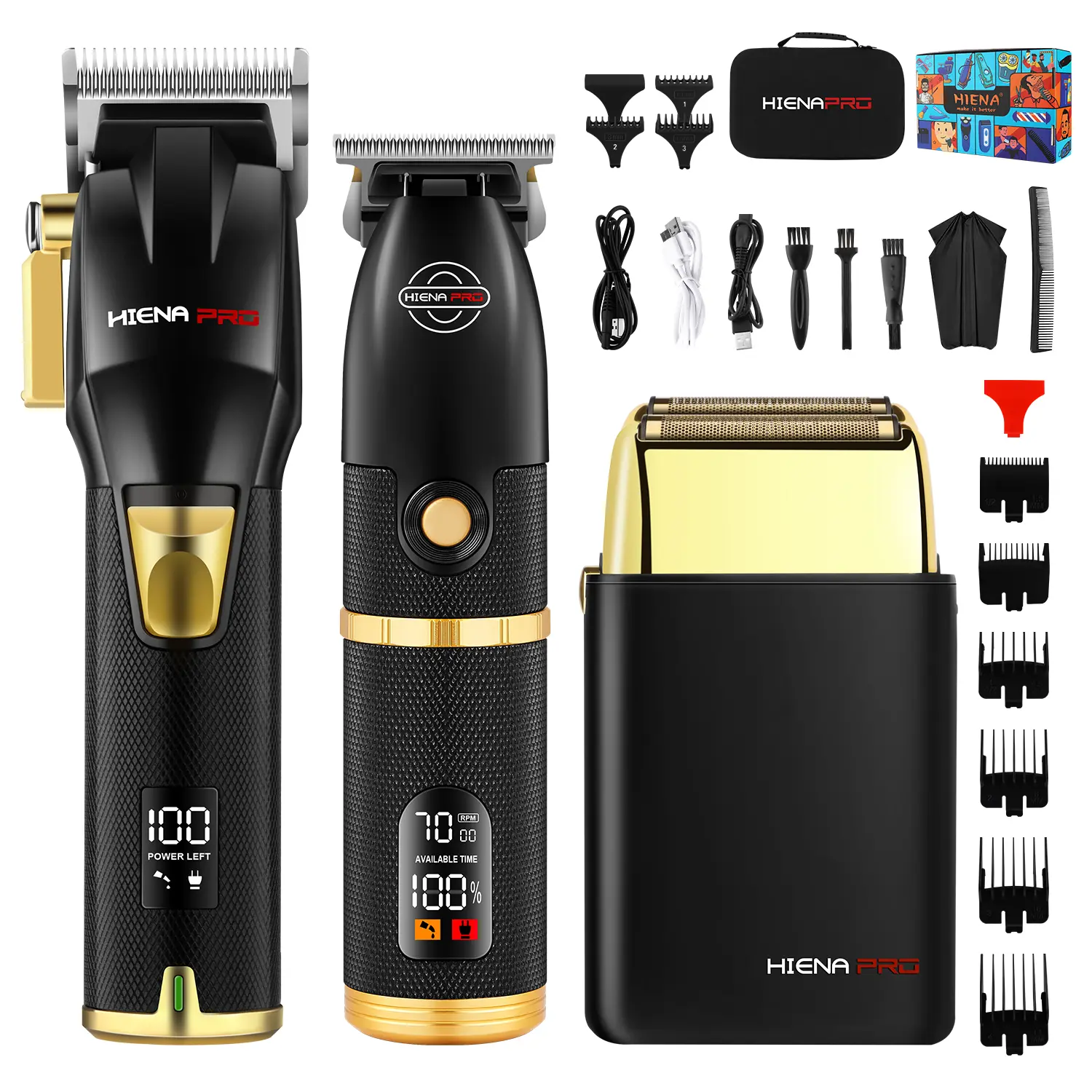 HIENA Professional Cordless Hair Trimmers & Clippers Set, 3-Piece Portable Kit for Men with LCD Display for Home Haircuts, USB Rechargeable with Magnetic Adjustable Blade, Batteries, Hair Clipper, Lcd Screen, Usb Port, 3 Blade Hair Trimmers & Clippers