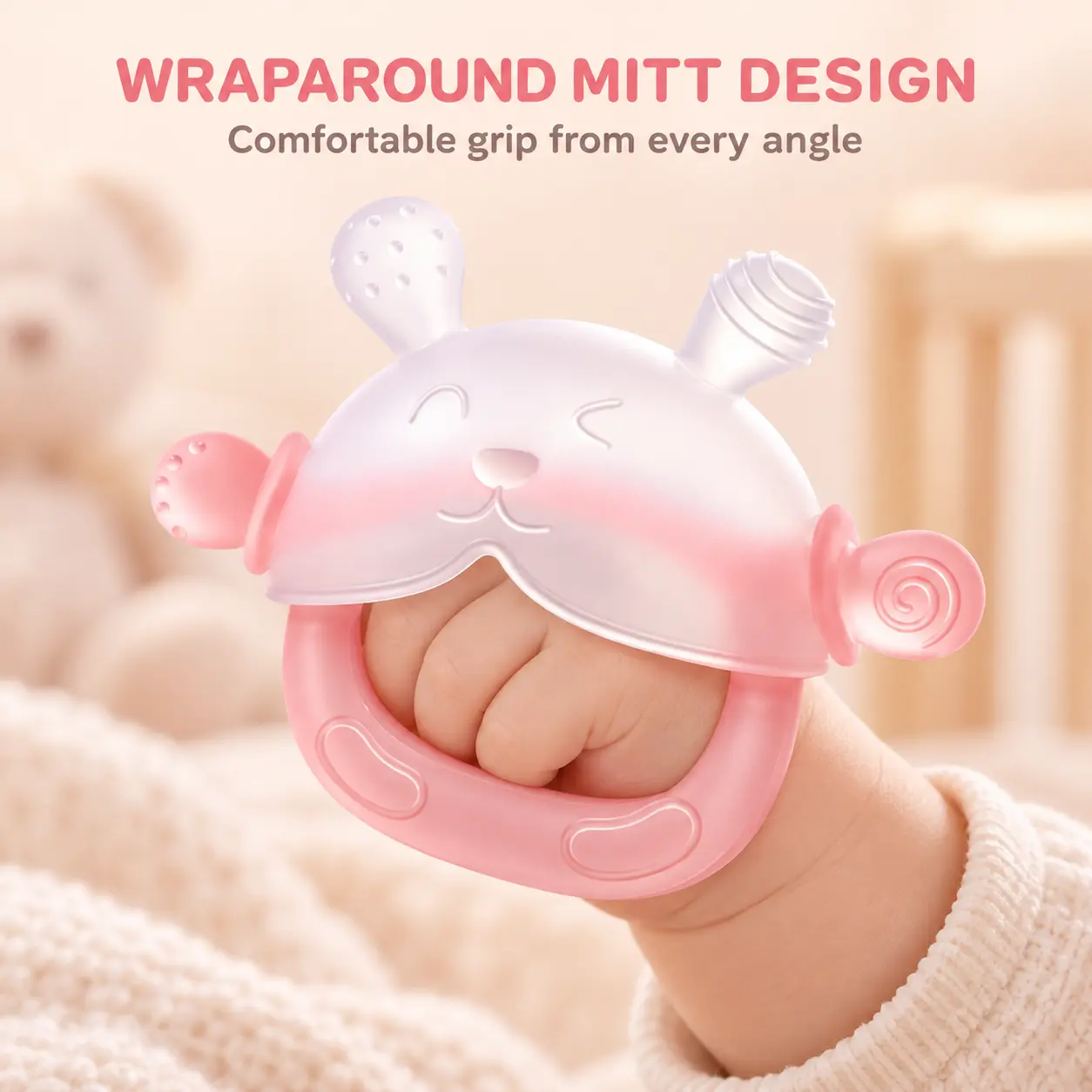 Dr. Isla Bunny Baby Teether Mitten, Food-Grade Liquid Silicone Full-Hand Chew Toy, Boil-Safe Soothing Teether for Babies 3–18 Months