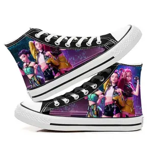 K‑pop Demon Hunter Girl Crew Cartoon/Anime Print High‑Top Canvas Sneakers, Flat Outdoor Sports Shoes, Y2K Style, Fashionable and Versatile, Suitable for All Seasons, Birthday and Holiday Gift