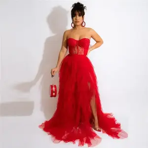 Summer/Autumn Sexy Tulle Cascading Ruffles Evening Long Dresses for Women — Elegant Off-Shoulder Strapless Corset Lace Maxi Dress Ball Gown Formal Lightweight Women’s Wear