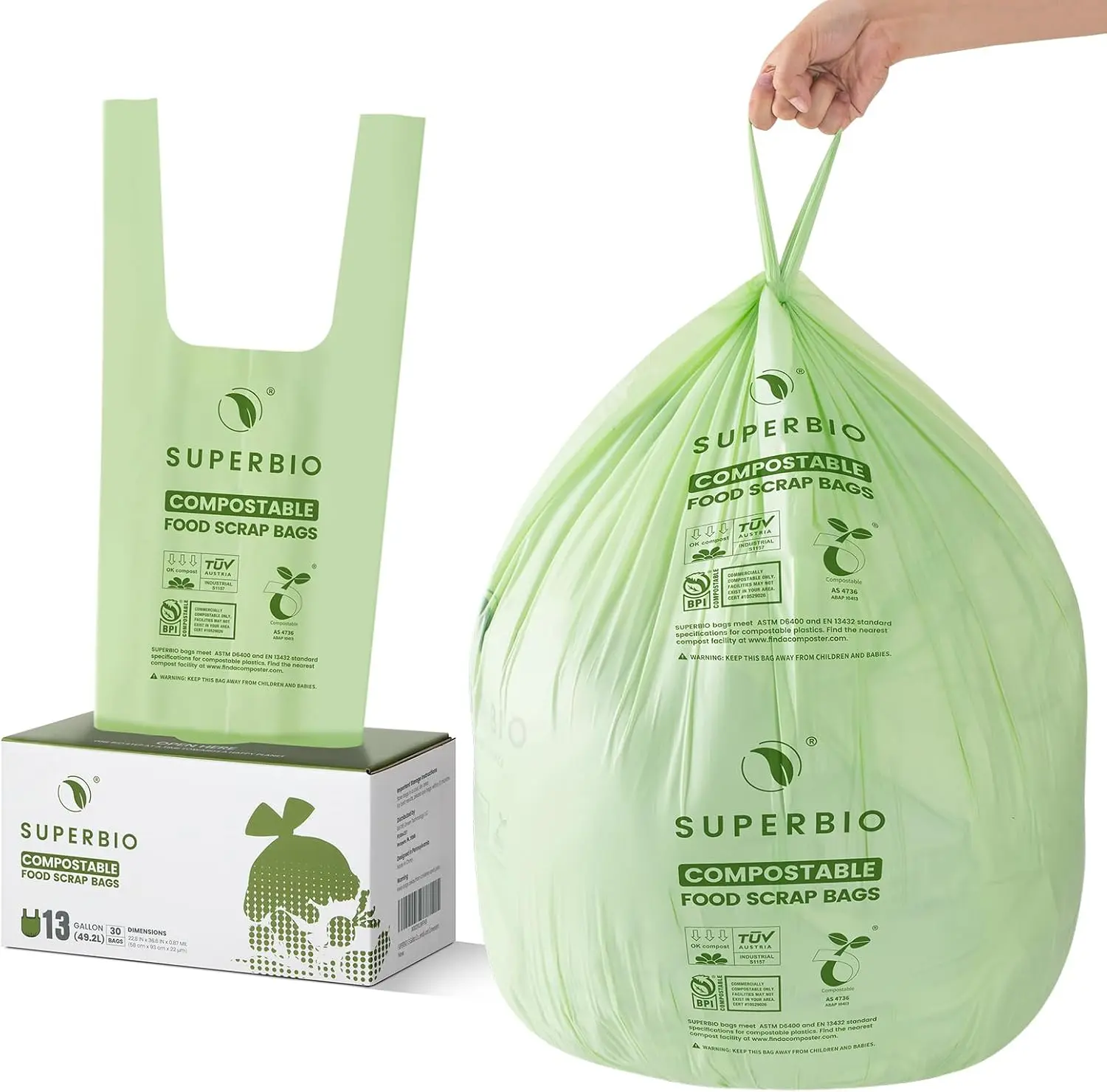SUPERBIO 13-Gallon Compostable Kitchen Trash Bags with Handles, BPI Certified, 30 Count