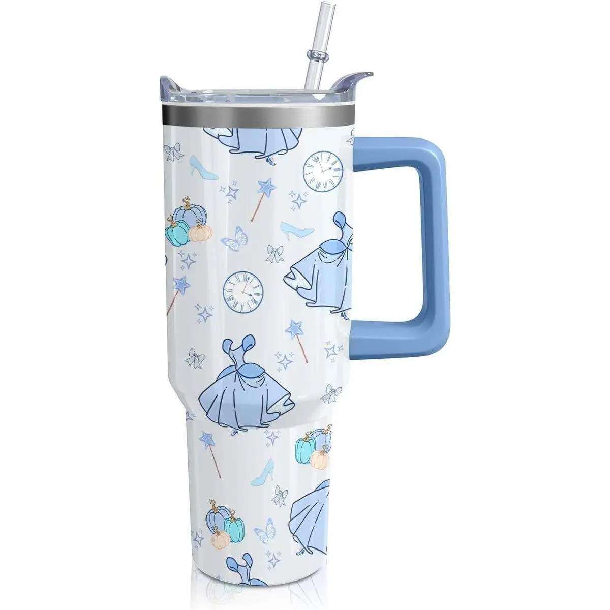 Cartoon Princess Vacuum Travel Mug - Dual-Layer, Dishwasher Safe, Portable Reusable Thermal Drinkware with Detachable Handle, Straw, Cover, Princess Dress & Shoe Design, Ideal Birthday Gift for Girls