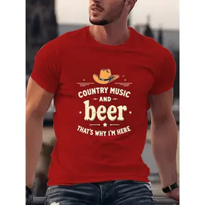 Men's Vintage Western Cowboy T-Shirt - Country Music & Beer Themed Short Sleeve Round Neck Casual Shirt Suitable for Summer, Rodeo, Ranch, Country Bars, Machine Washable Retro Western Style for Outdoor Events & Casual Attire