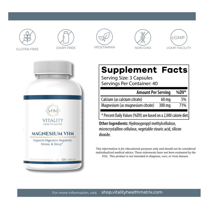 Magnesium VHM - 120 Capsules for Digestive Regularity Stress & Sleep Support - US Healthcare Supplement