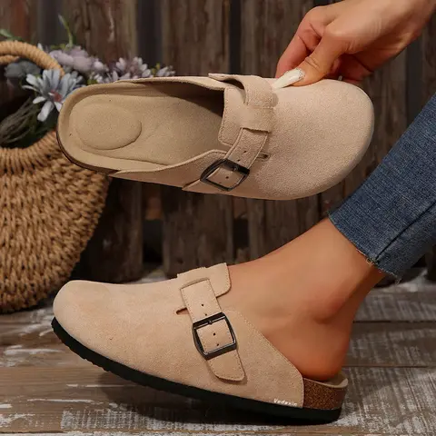 Women's Casual Half Head Sandals Suede Clogs Adjustable Buckle Comfort Cork Footbed Slippers